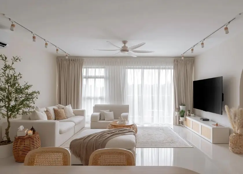 Pilih Warna Netral dan Pencahayaan Hangat di ruang tv minimalis modern